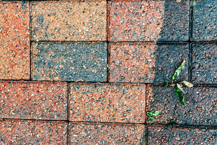 Brick Floor Before and After High Pressure Cleaning